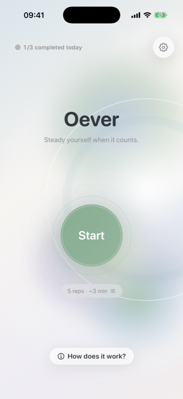 Start screen of the Oever app.