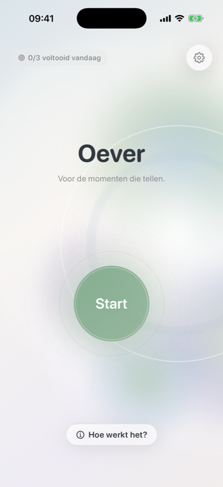 Startscherm van de Oever app met startknop voor een Applied Tension oefensessie.