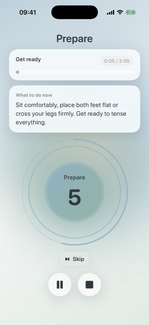 Prepare screen of the Oever app during an Applied Tension session.
