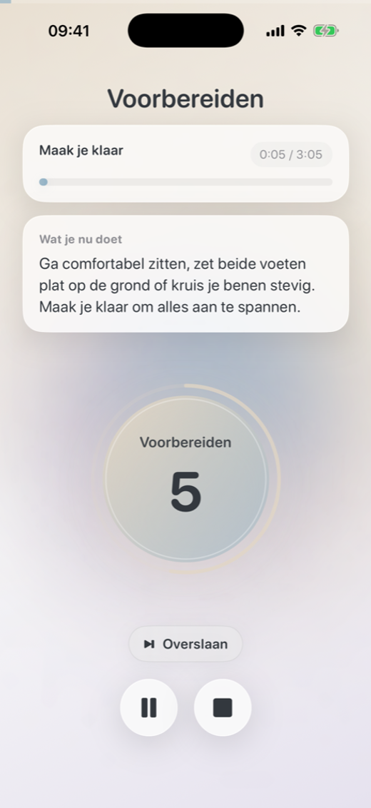Voorbereiden scherm van de Oever app tijdens een Applied Tension oefening.