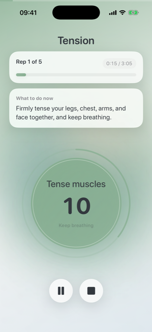 Tension screen of the Oever app during an Applied Tension session.
