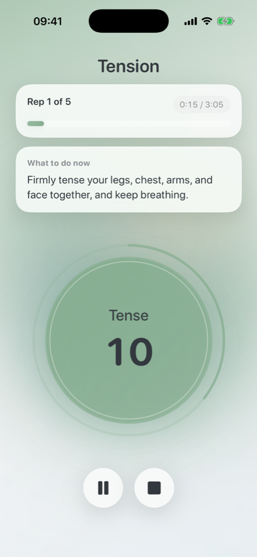 Tension screen of the Oever app during an Applied Tension session.