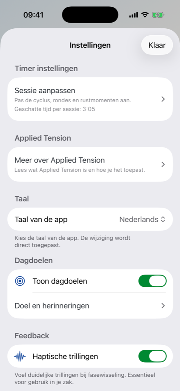 Timer instellingen scherm in de Oever app met voorbereiding, aanspantijd, rusttijd en herhalingen.